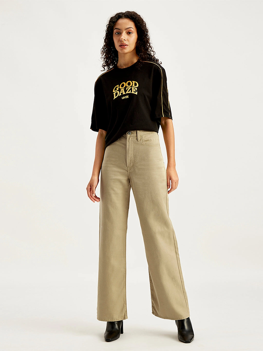 Women's Khaki Ribcage Bell Bottom Wide Leg Fit High Rise Jeans Solid Choice