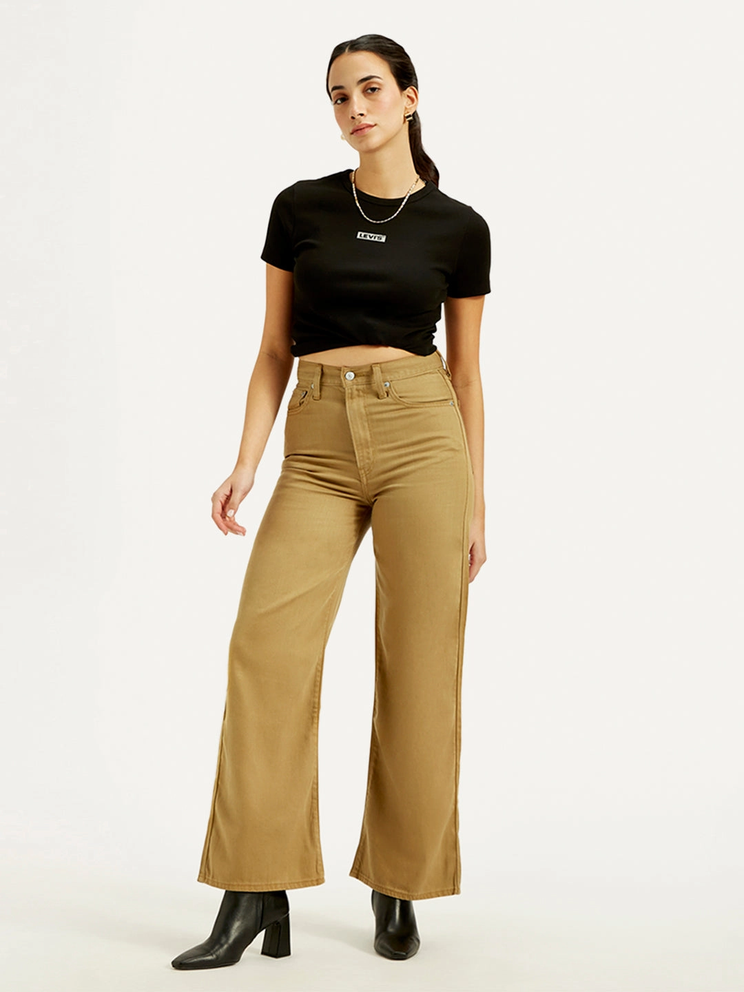 Modern Minimalist Rainy Day Mood Fit Women's Khaki Ribcage Bell Bottom Wide Leg Fit High Rise Jeans