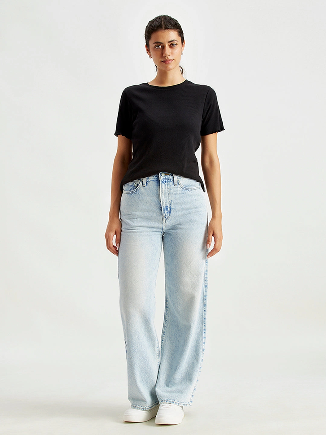 Women's Light Blue Ribcage Bell Bottom Wide Leg Fit High Rise Jeans Vibrant Design