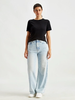 Women's Light Blue Ribcage Bell Bottom Wide Leg Fit High Rise Jeans Vibrant Design