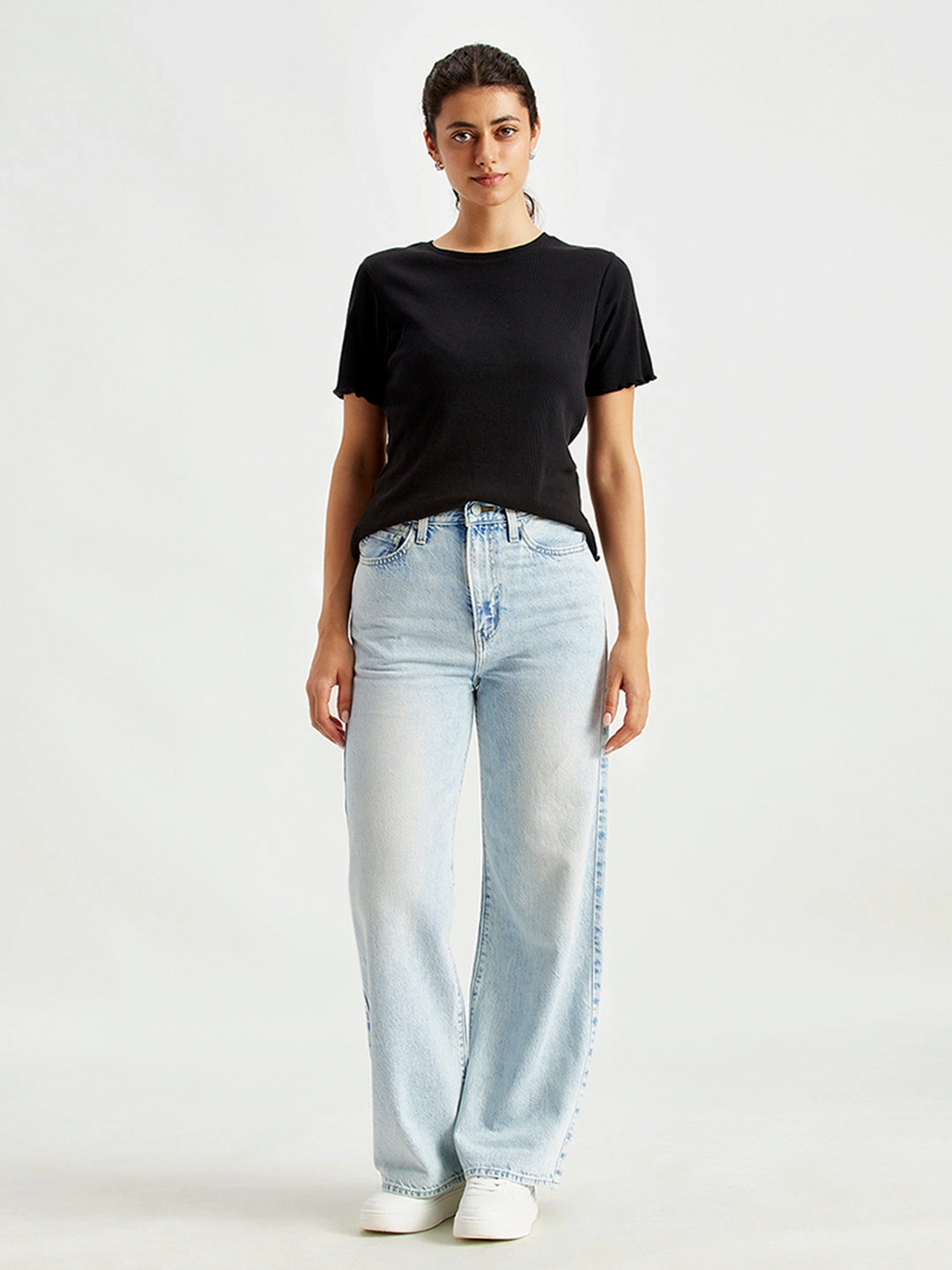 Women's Light Blue Ribcage Bell Bottom Wide Leg Fit High Rise Jeans Traveler Gear Brunch Outfit Casual Friday