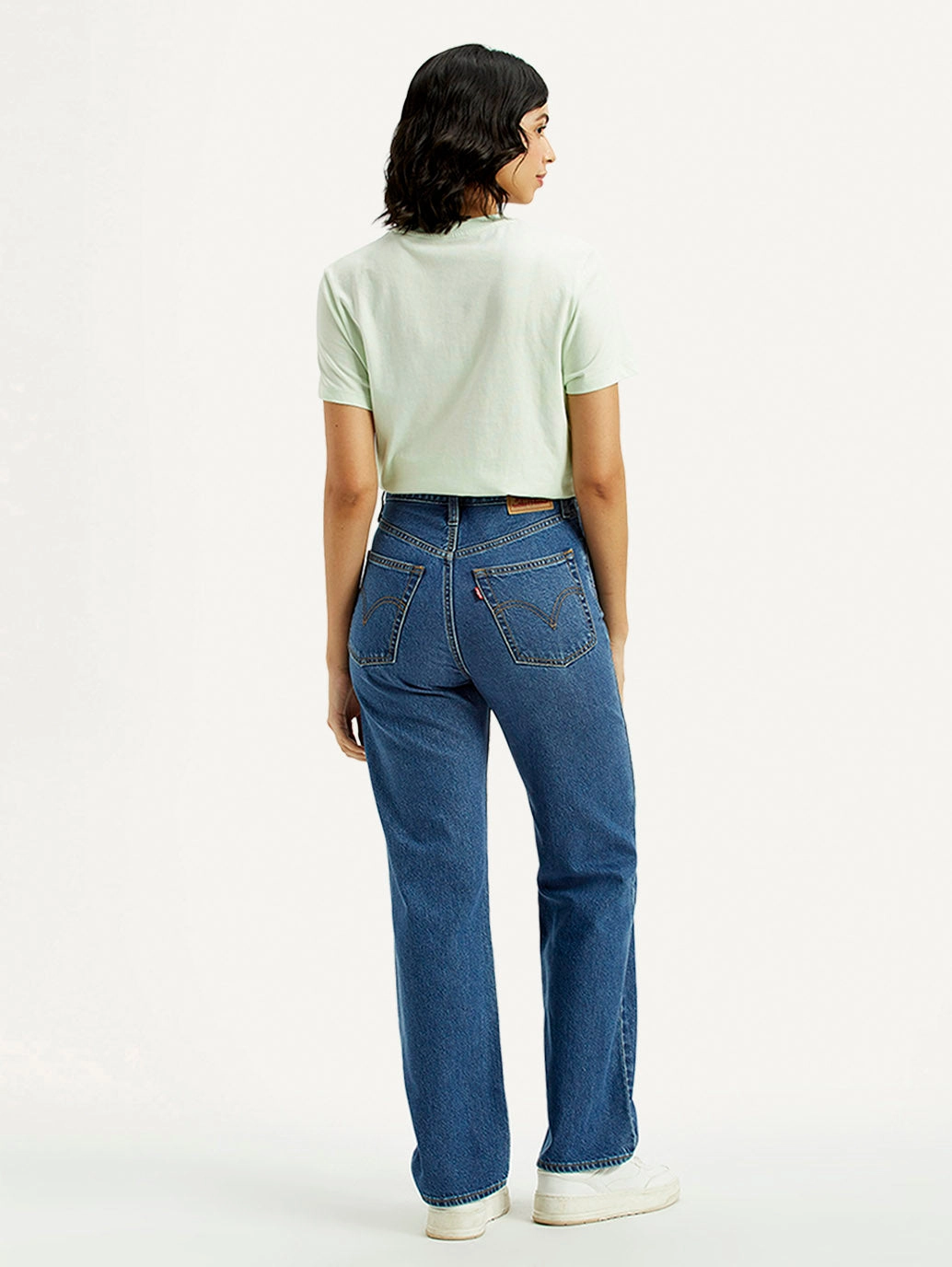 Women's Med Indigo Ribcage Straight Fit High Rise Jeans Smooth Creative Look Adult Fashion