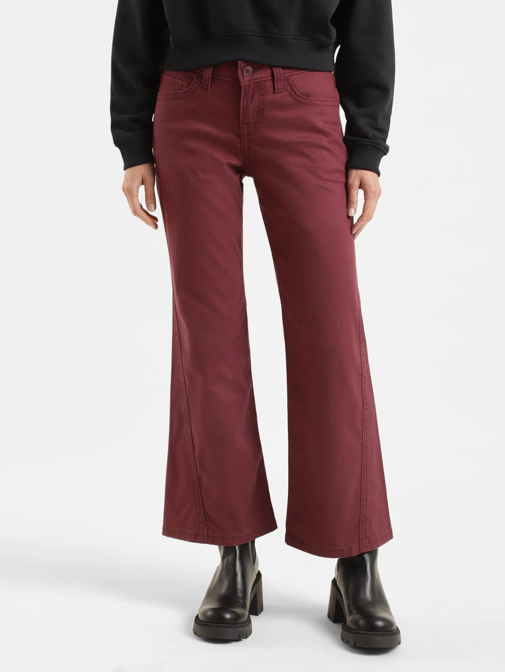 Barrel Waist Women's Mid Rise Maroon Relaxed Fit Trousers