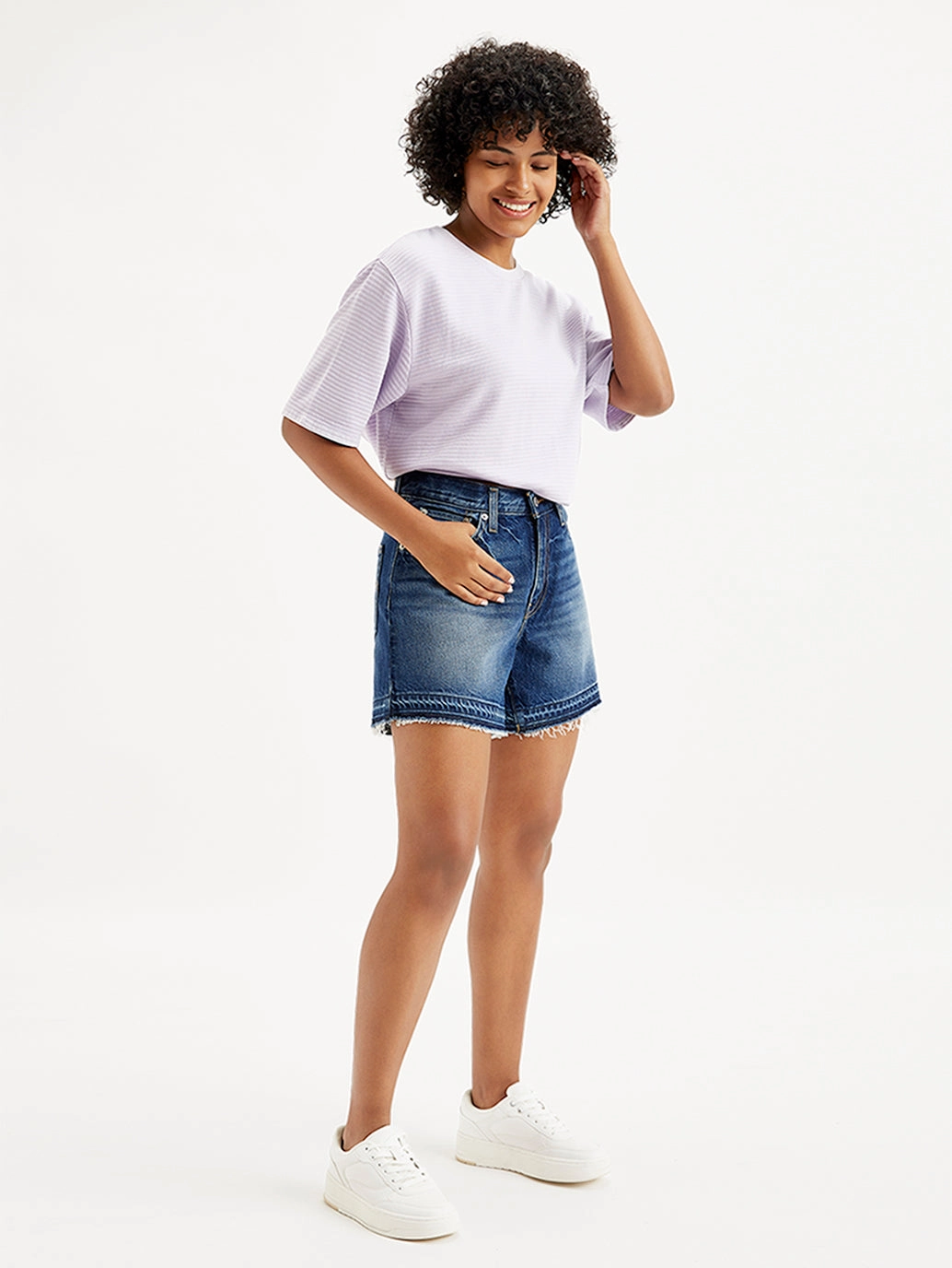 Convertible Length Women's Mid Rise Navy?Relaxed Fit Denim Shorts