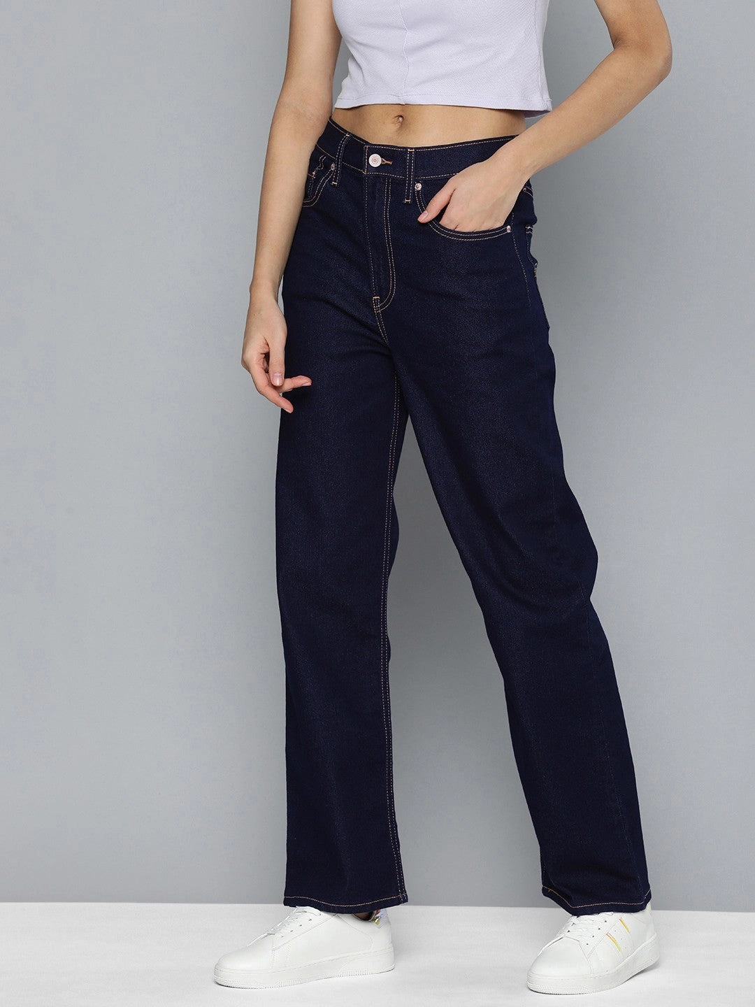 Women's Navy Blue Ribcage Straight Fit High Rise Jeans Sunny Vibes Teen Outfit Summer Vibes