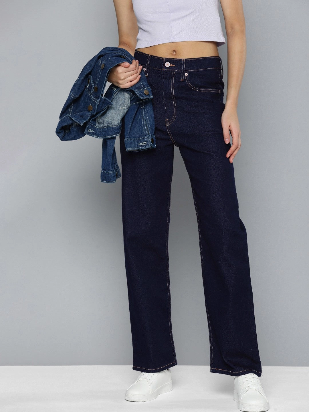 Artist Vibe Smooth Travel Outfit Chill Outfit Date Night Women's Navy Blue Ribcage Straight Fit High Rise Jeans