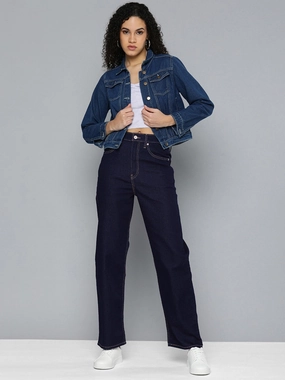 Women's Navy Blue Ribcage Straight Fit High Rise Jeans Cozy Vibe Strong Stitch