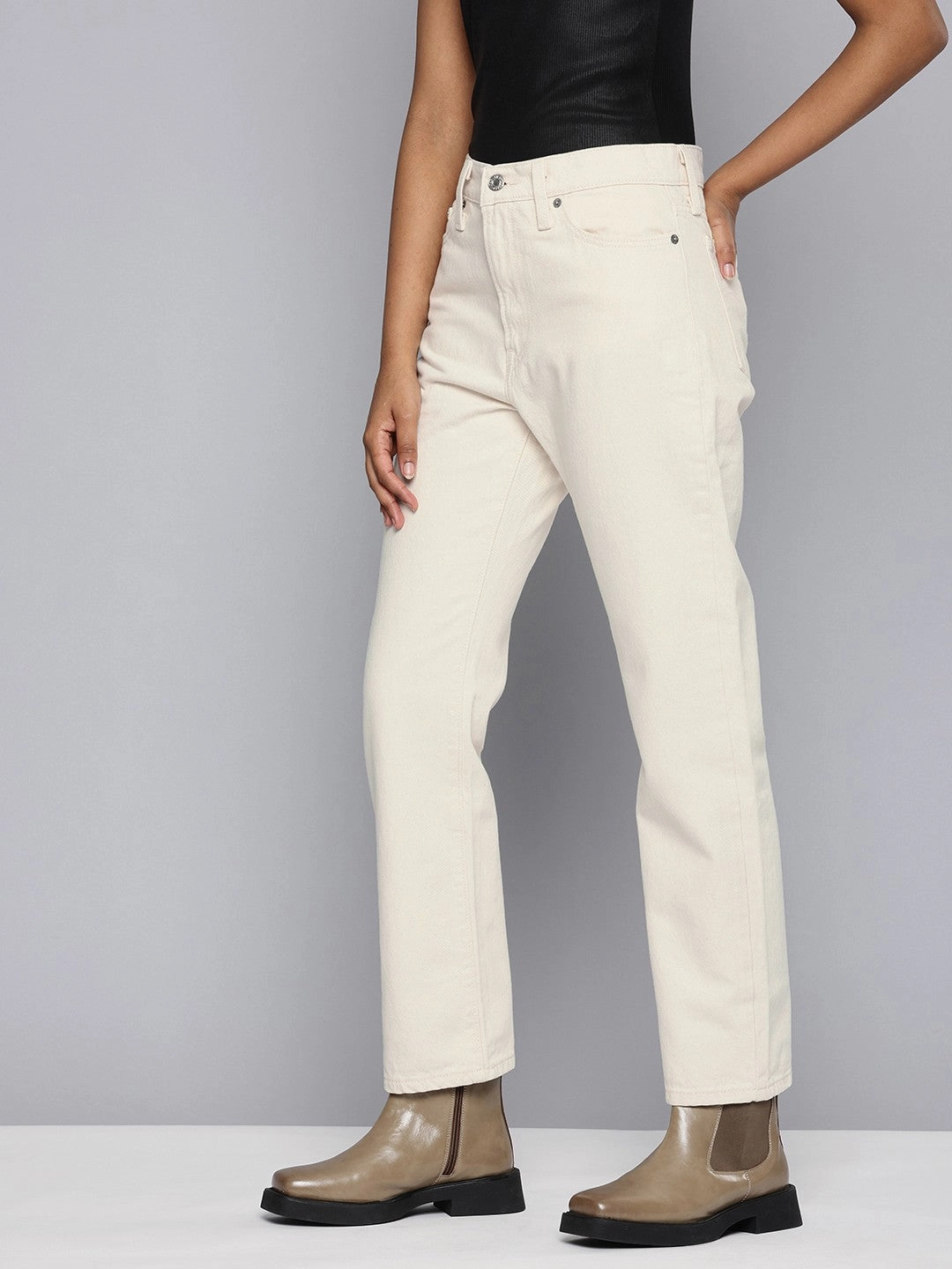 Women's Off White Wedgie Straight Fit High Rise Jeans Contemporary Look Teen Outfit Eco Friendly Travel Outfit