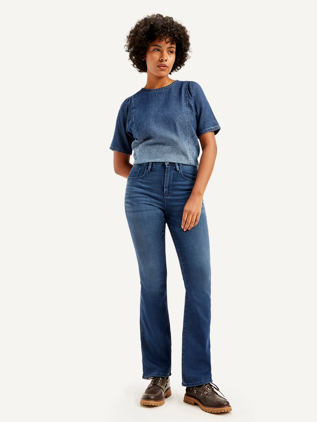 Pre Shrunk Fabric Women's Redloop 725 Navy Blue Flared Fit High Rise Jeans