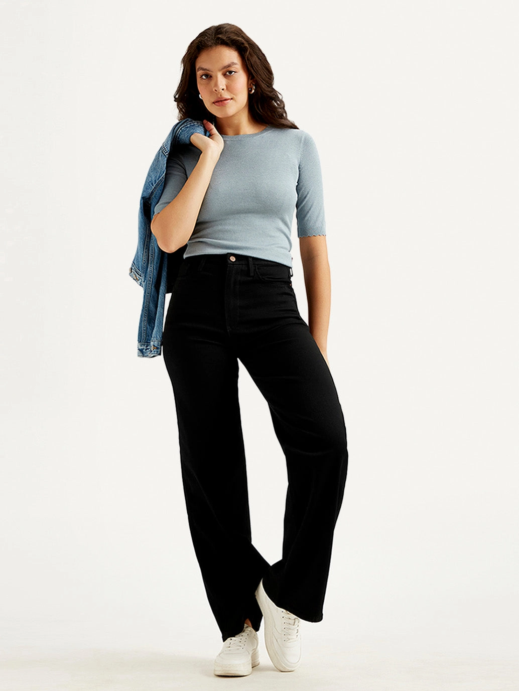 Women's Redloop Black Ribcage Bell Bottom Wide Leg Fit Mid Rise Jeans Minimal Aesthetic Party Look Luxury