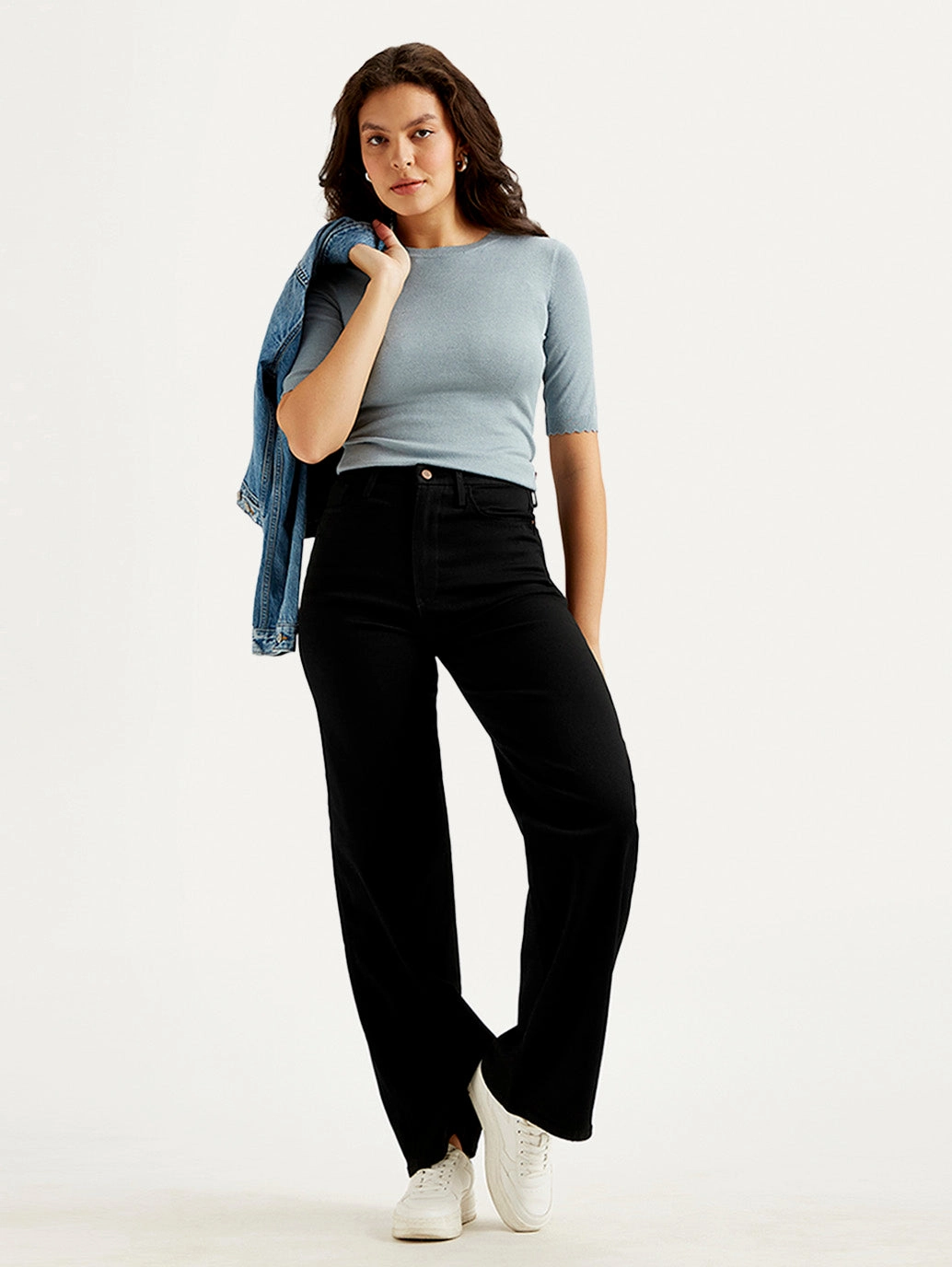 Daily Go Bold Look Parent Style Women's Redloop Black Ribcage Bell Bottom Wide Leg Fit Mid Rise Jeans