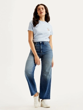 Women's Redloop Blue Ribcage Bell Bottom Wide Leg Fit High Rise Jeans Minimalist Comfort