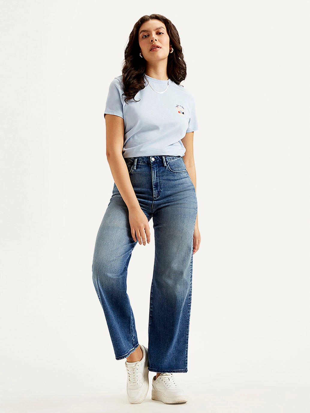 Anti Static Material Blend Classic Five Pocket Women's Redloop Blue Ribcage Bell Bottom Wide Leg Fit High Rise Jeans