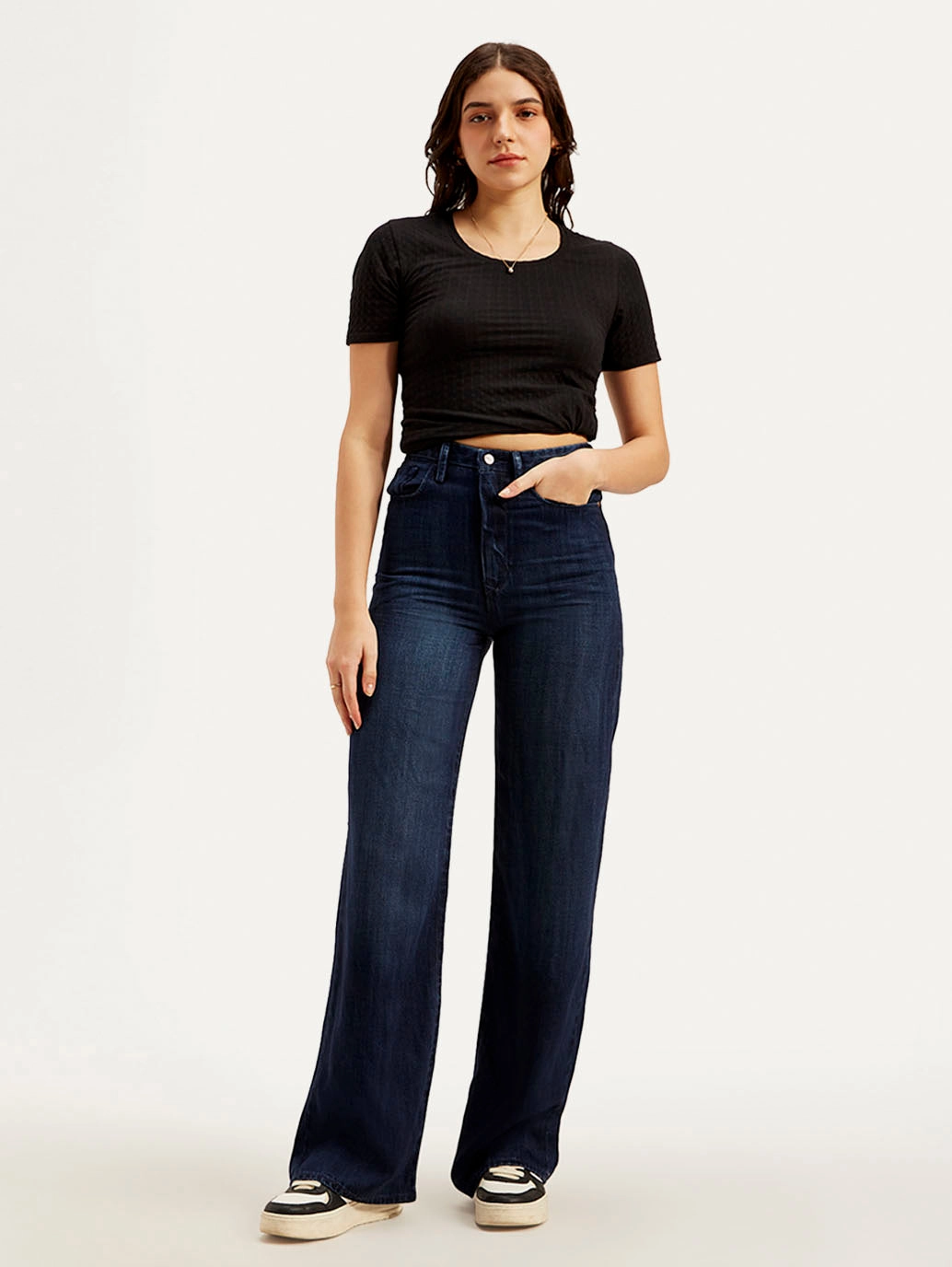 Active Touch Women's Redloop Dark Blue Ribcage Bell Bottom Wide Leg Fit High Rise Jeans