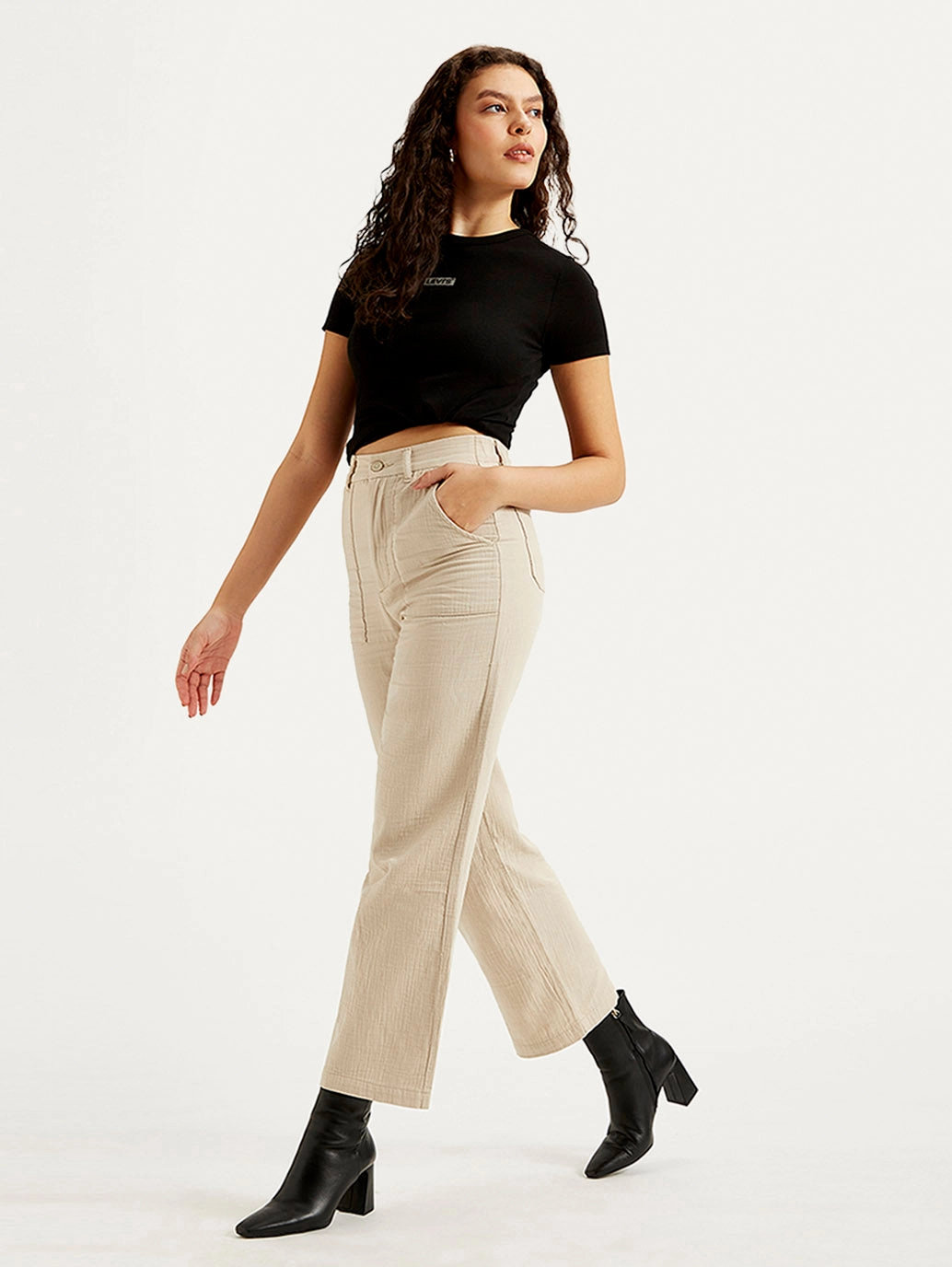 Minimalist Design All Use Women's High Rise Beige?Loose Fit Trousers
