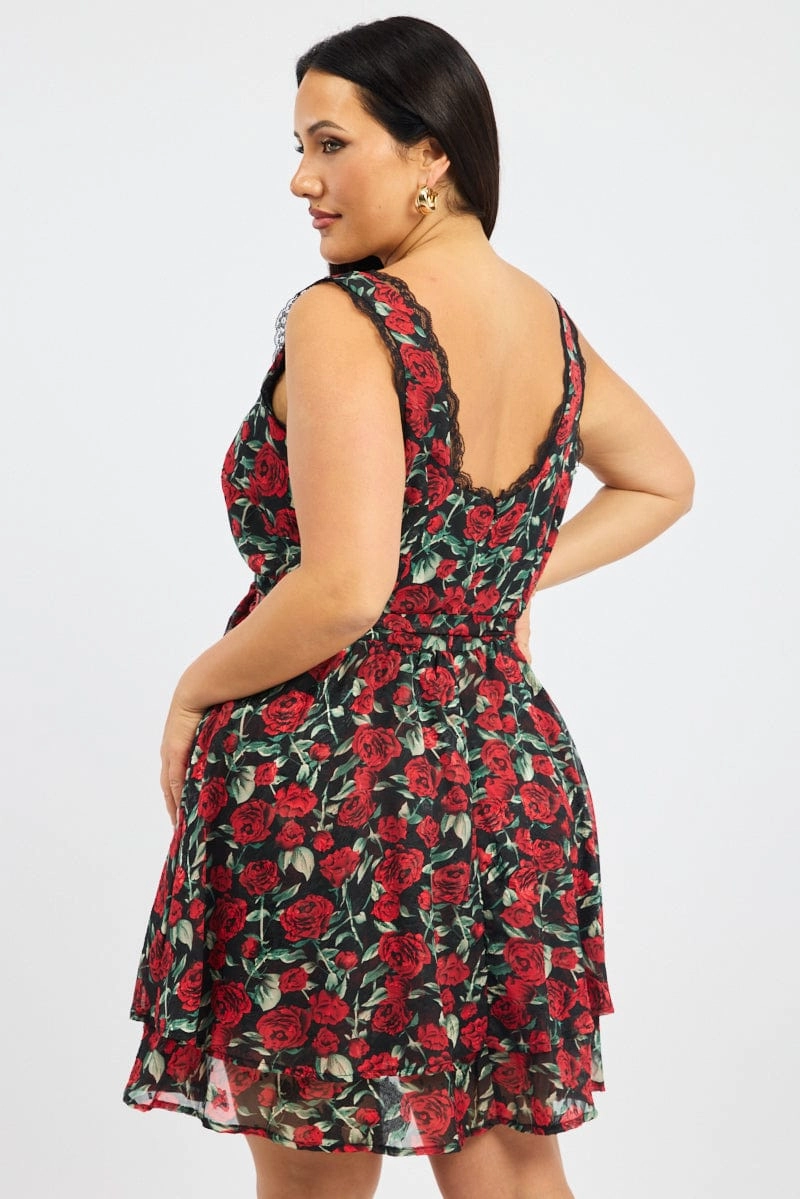 Minimalist feel Easy Mood Black Floral Rose Print Lace Trim Minidress