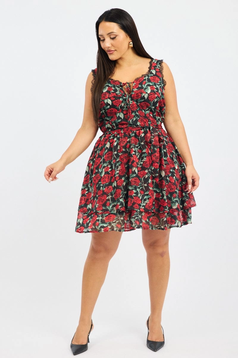 Black Floral Rose Print Lace Trim Minidress Casual Edge