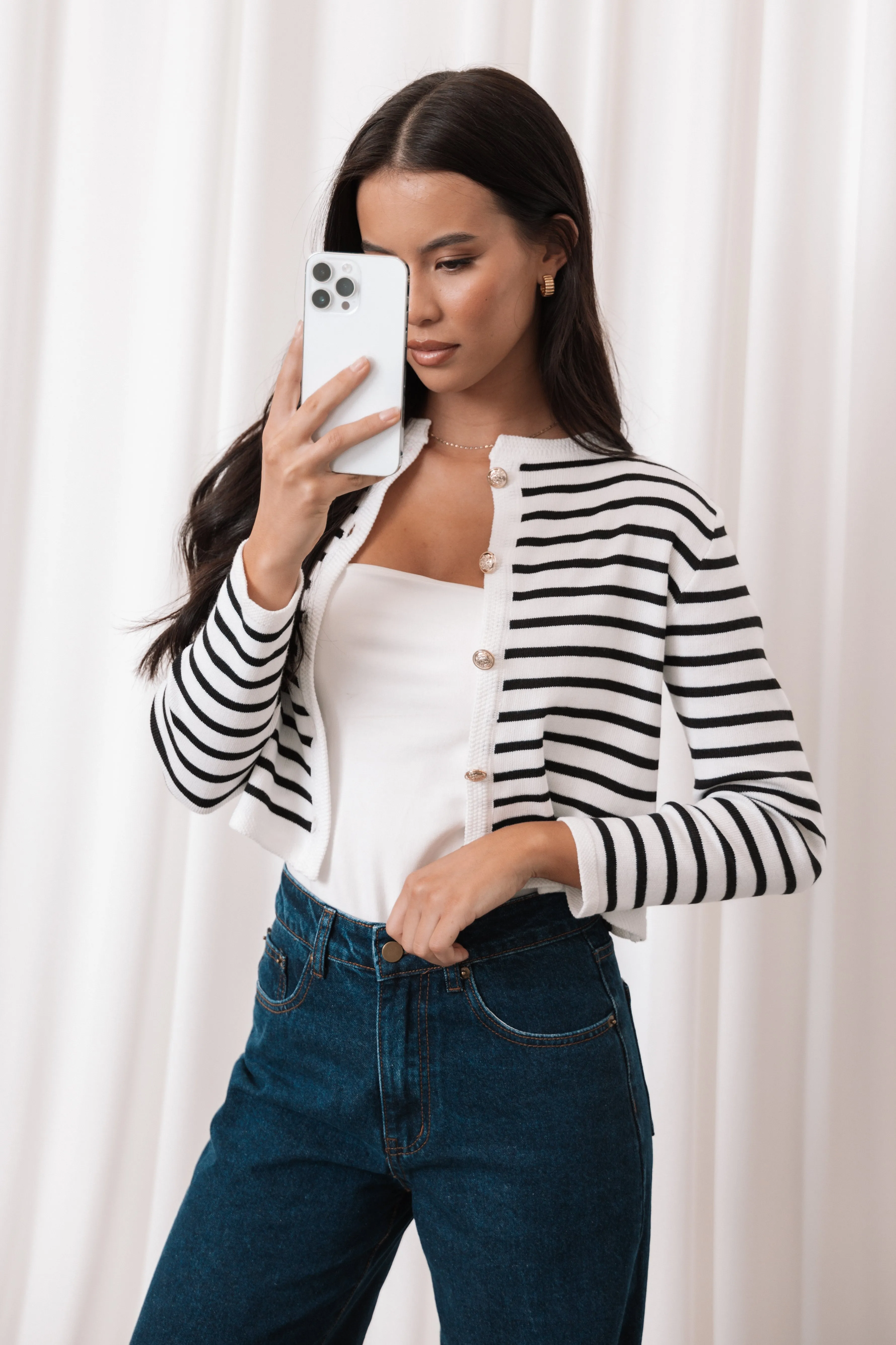 Cynthia Striped Button Front Cardigan - Black/Cream MoistureControl Fabric