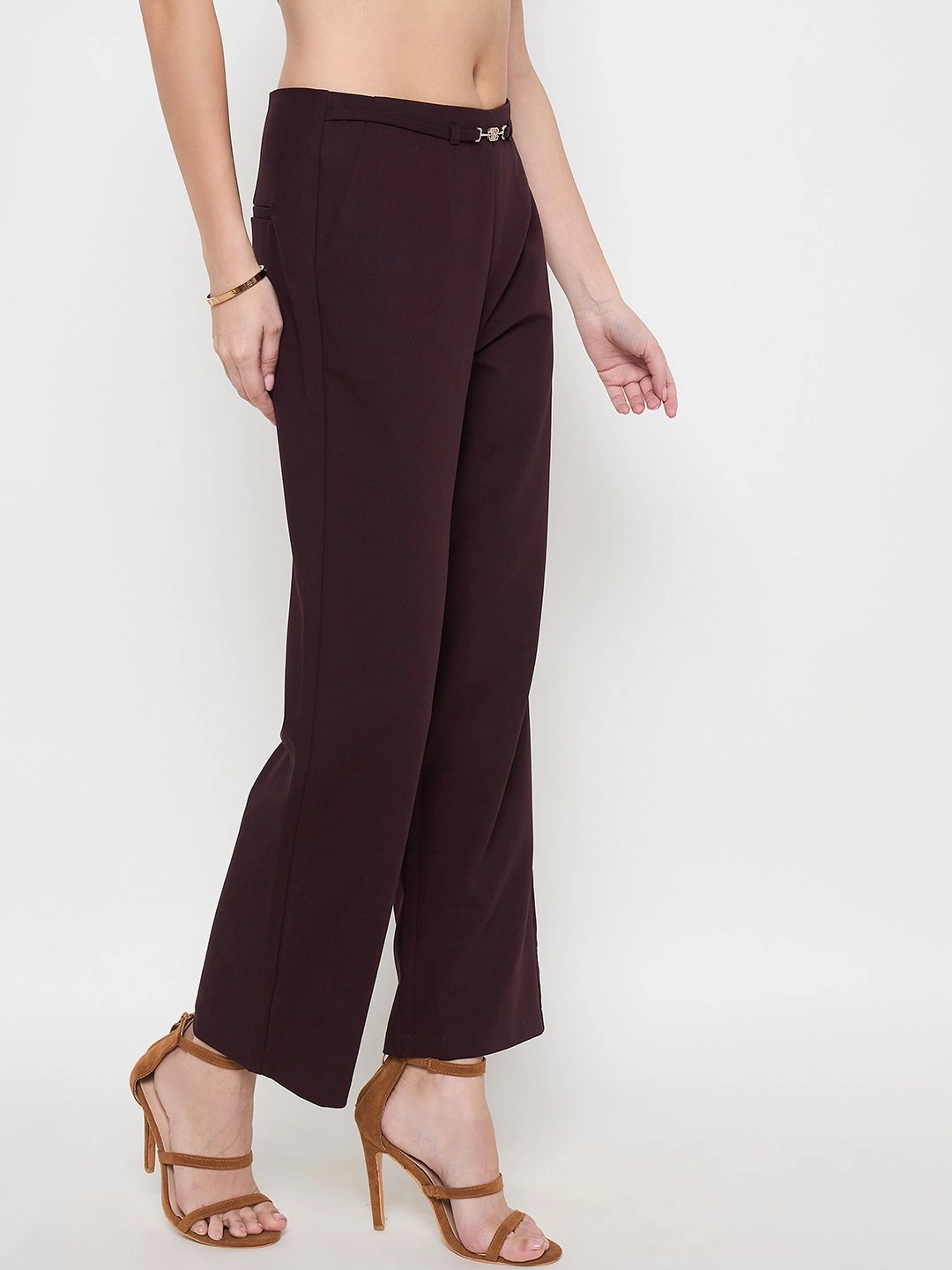 Madame Belted Straight Fit Wine Trousers Flexible Gusset Design