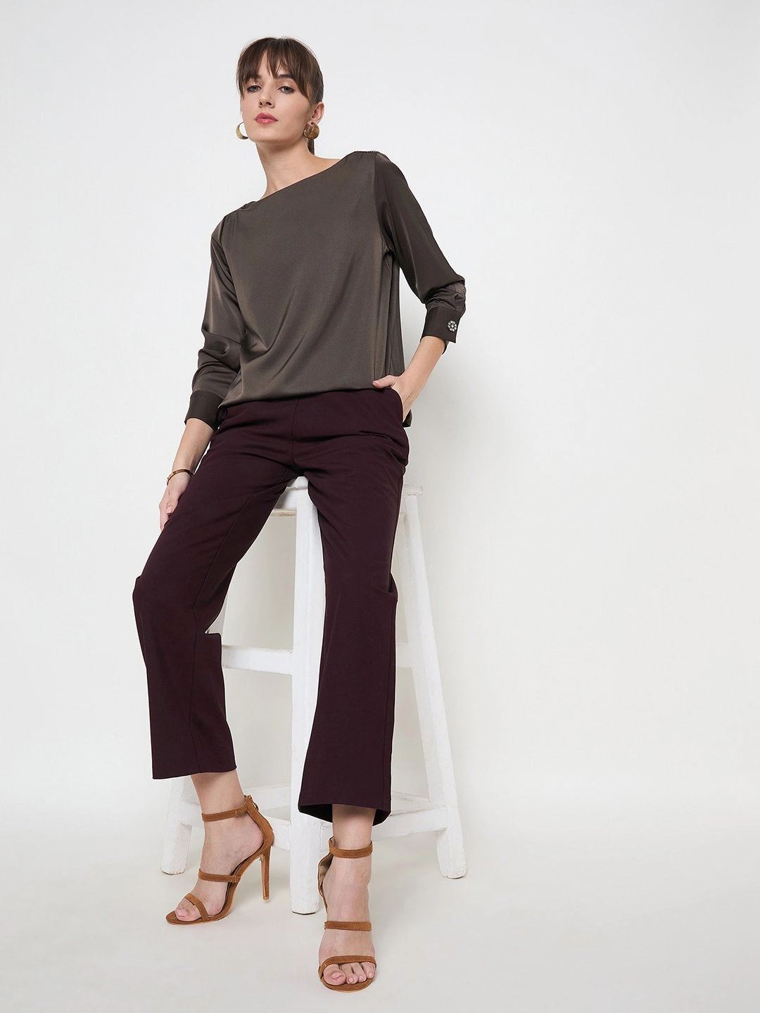 Madame Belted Straight Fit Wine Trousers Basic Look Comfort Wear
