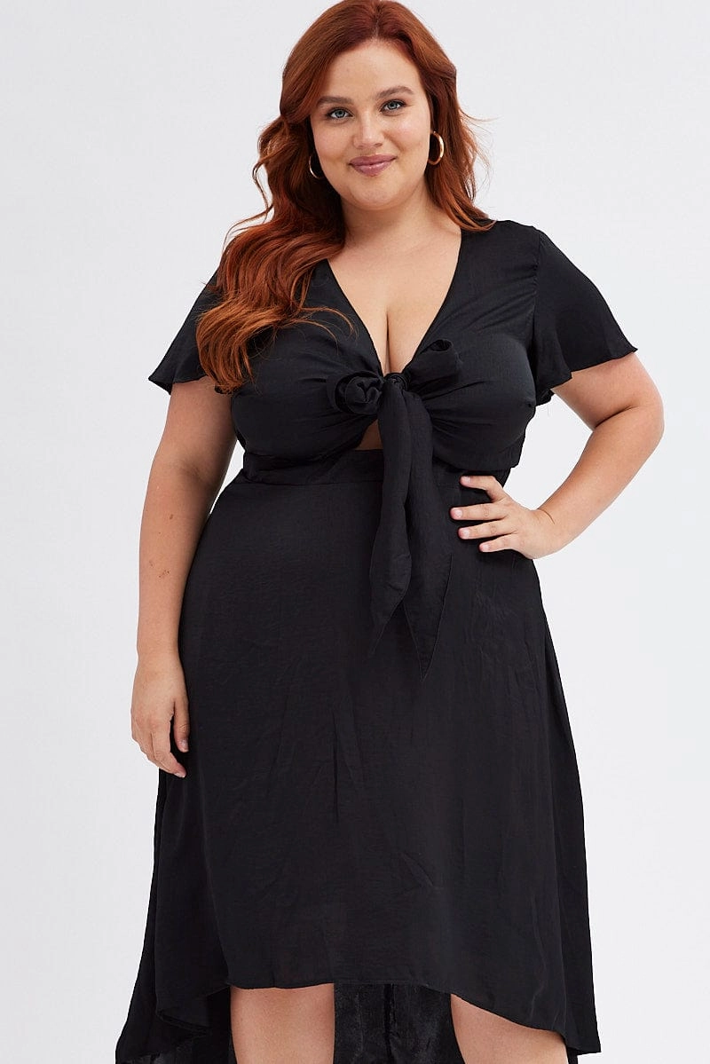 All Daywear Black Midi Dress Short Sleeve Tie Back Satin