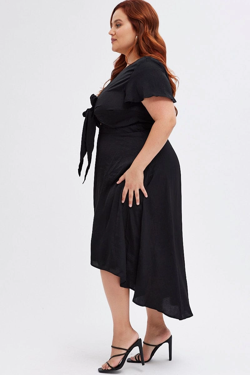 Sleek Motion Black Midi Dress Short Sleeve Tie Back Satin