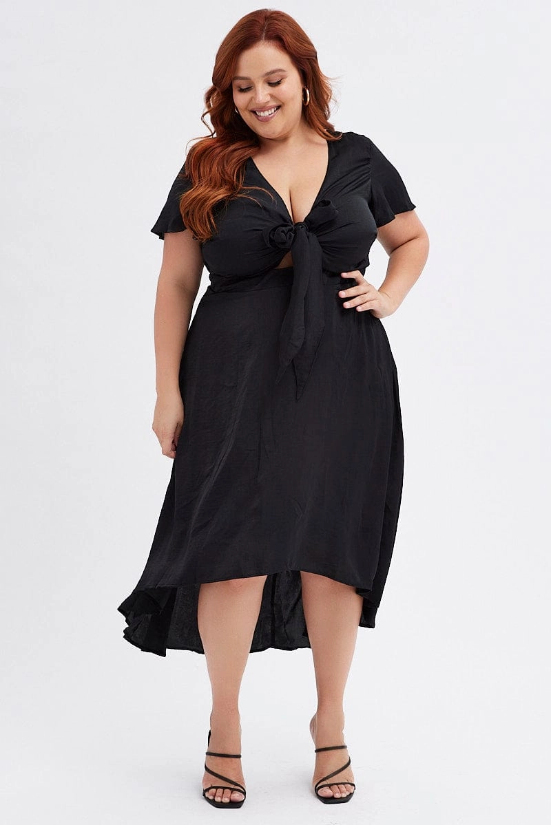 Statement Look Black Midi Dress Short Sleeve Tie Back Satin