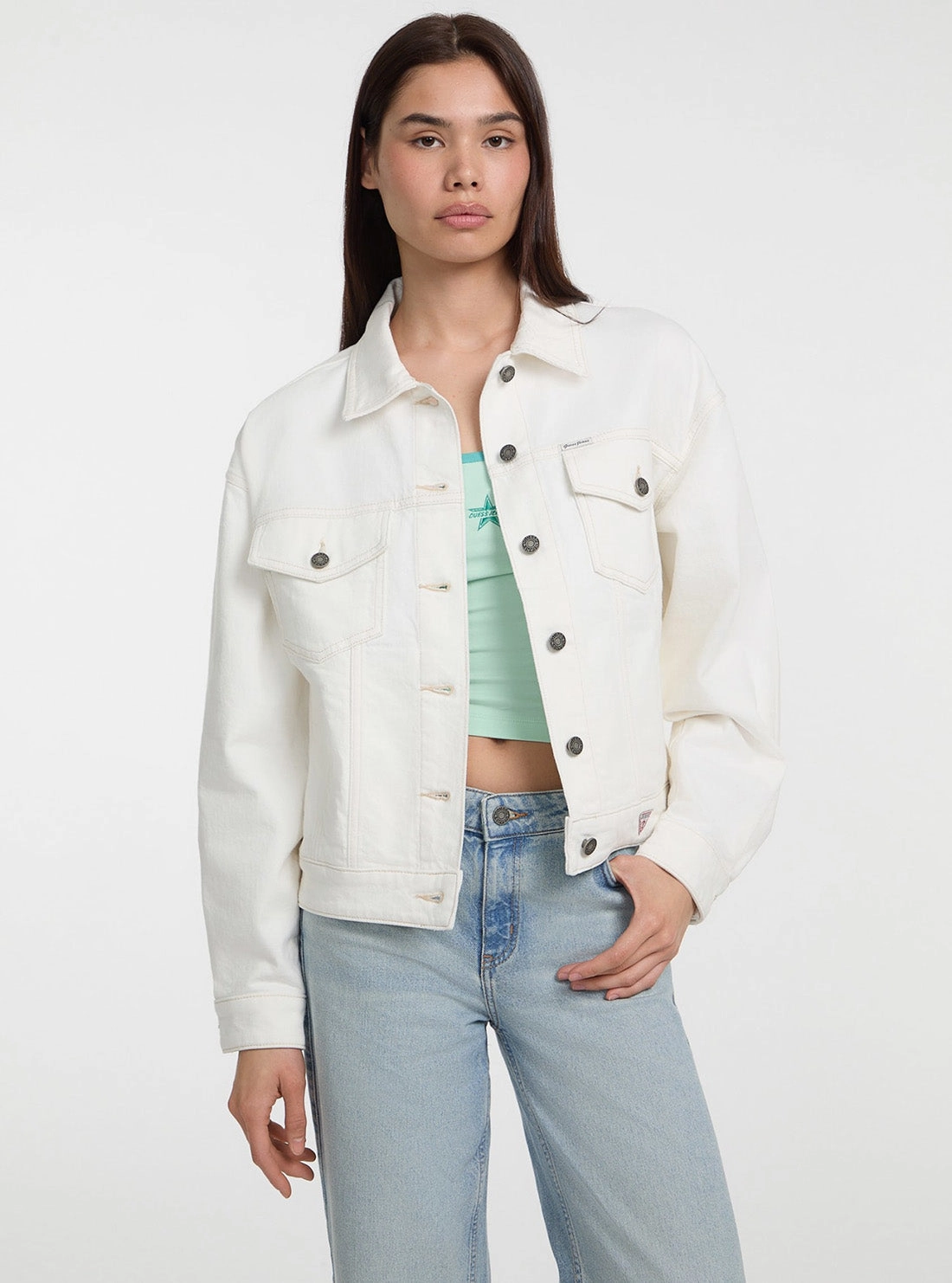 Wind Resistant Coating Guess Jeans Eco White Oversize Trucker Jacket