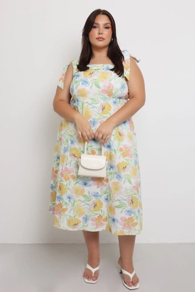Soft-touch Air Touch Yellow Floral Midi Dress Sleeveless Tie Strap