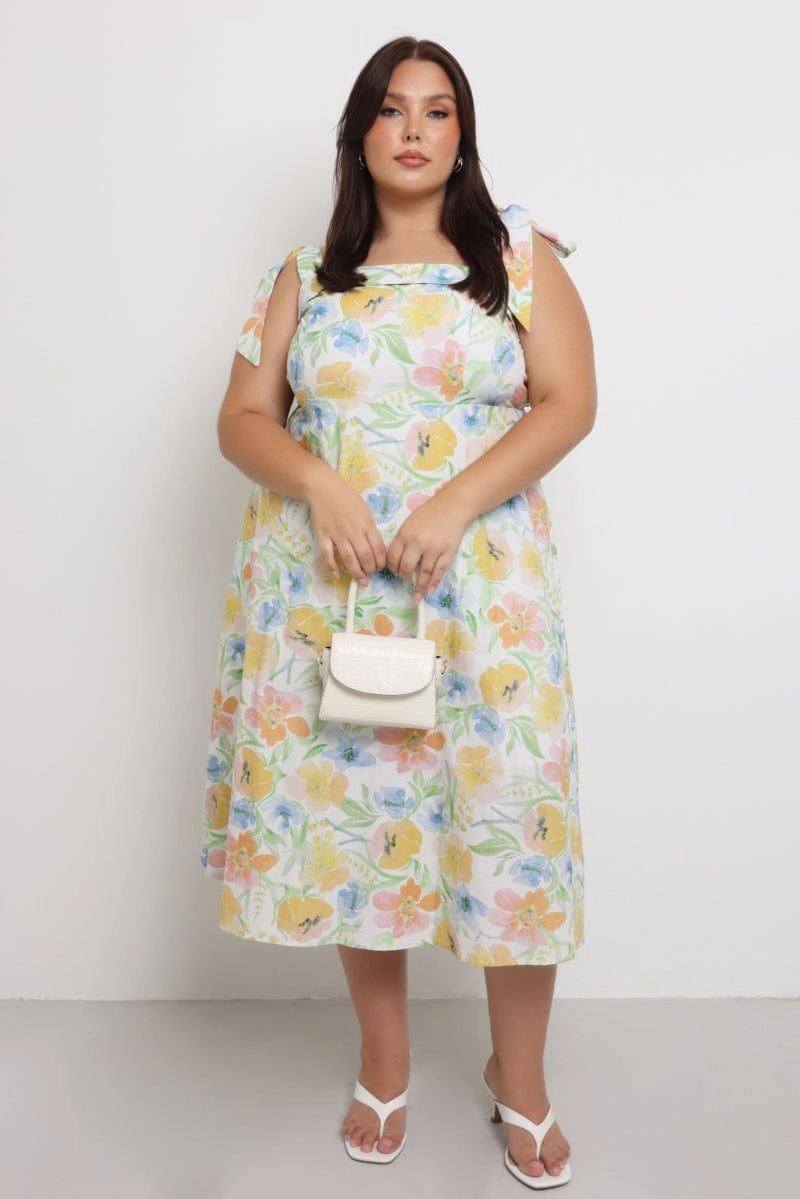 Soft-touch Air Touch Yellow Floral Midi Dress Sleeveless Tie Strap