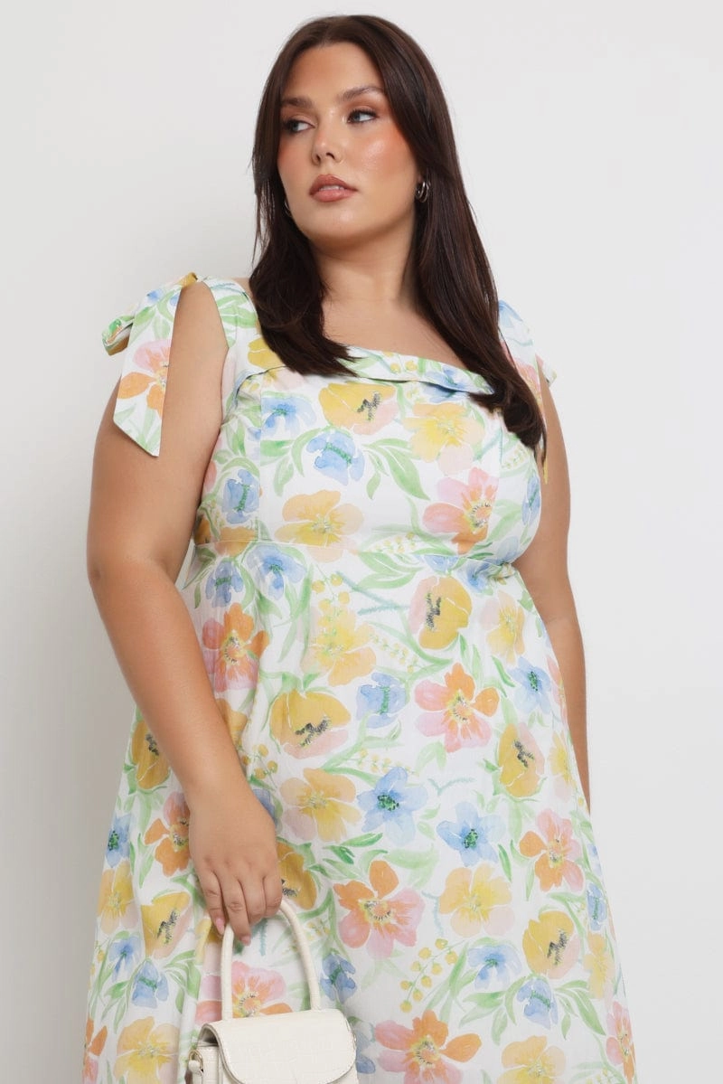 Ready Glow Yellow Floral Midi Dress Sleeveless Tie Strap