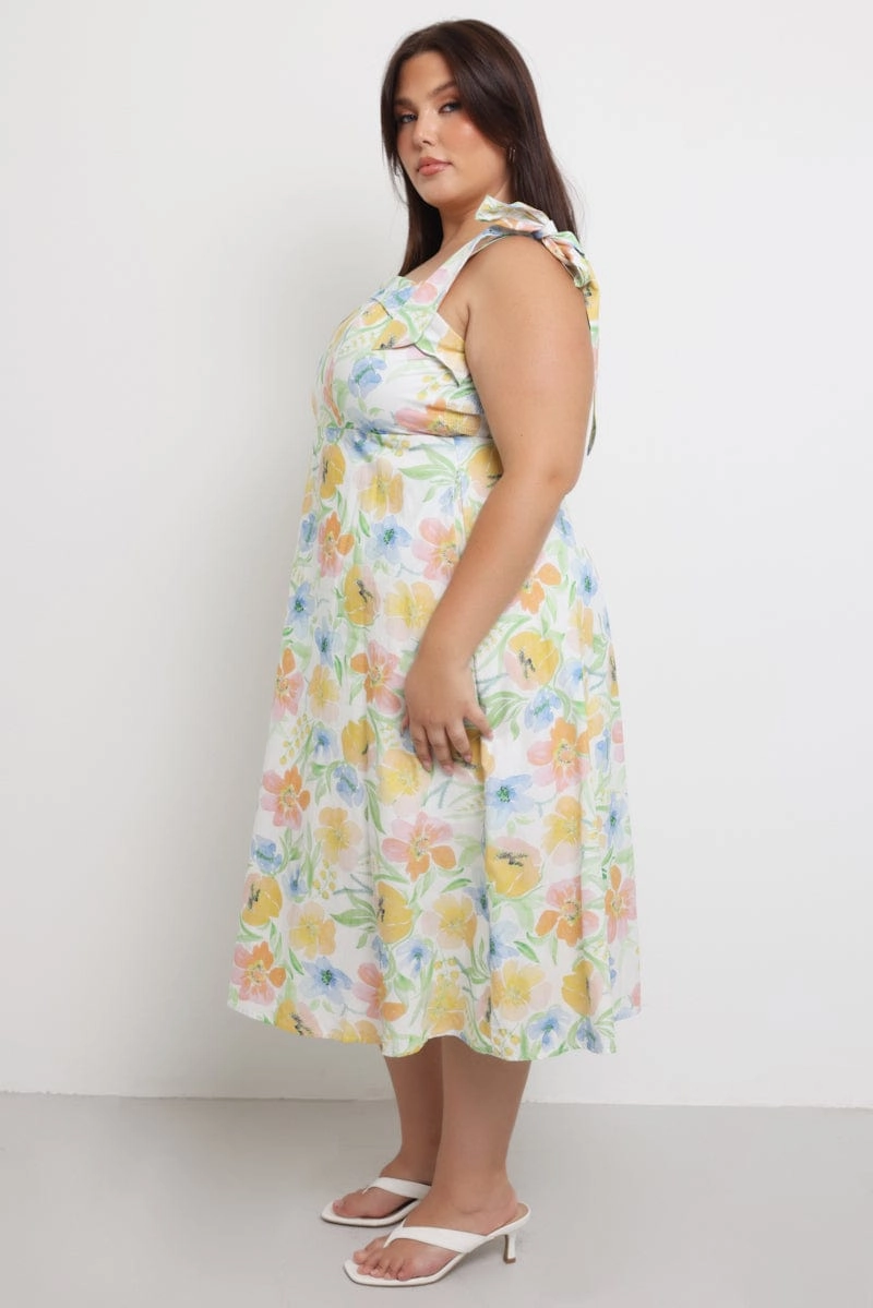 Yellow Floral Midi Dress Sleeveless Tie Strap Cozy Fit Bold Elegance