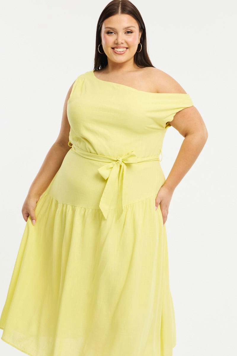 Yellow Maxi Dress Short Sleeve Asymmetrical Shoulder Dreamy Look Sleek Outline
