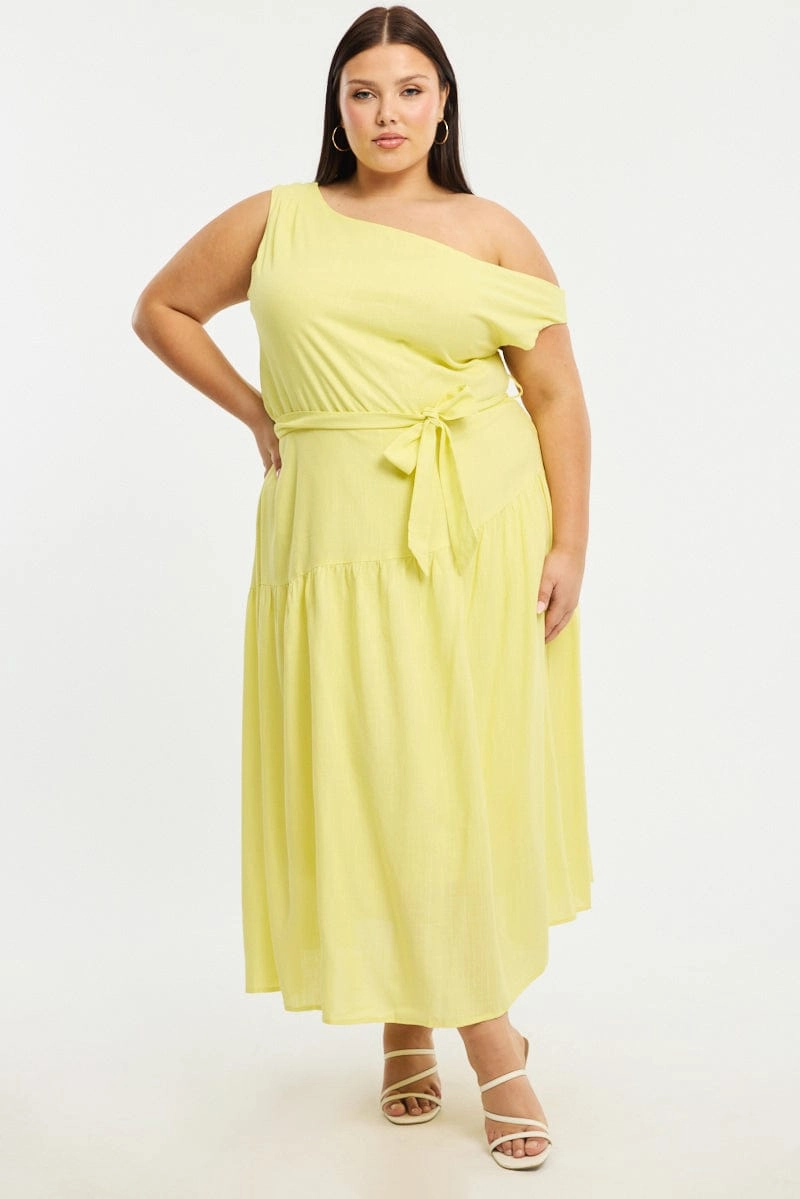 Yellow Maxi Dress Short Sleeve Asymmetrical Shoulder Luxe Appeal Simple formal dress