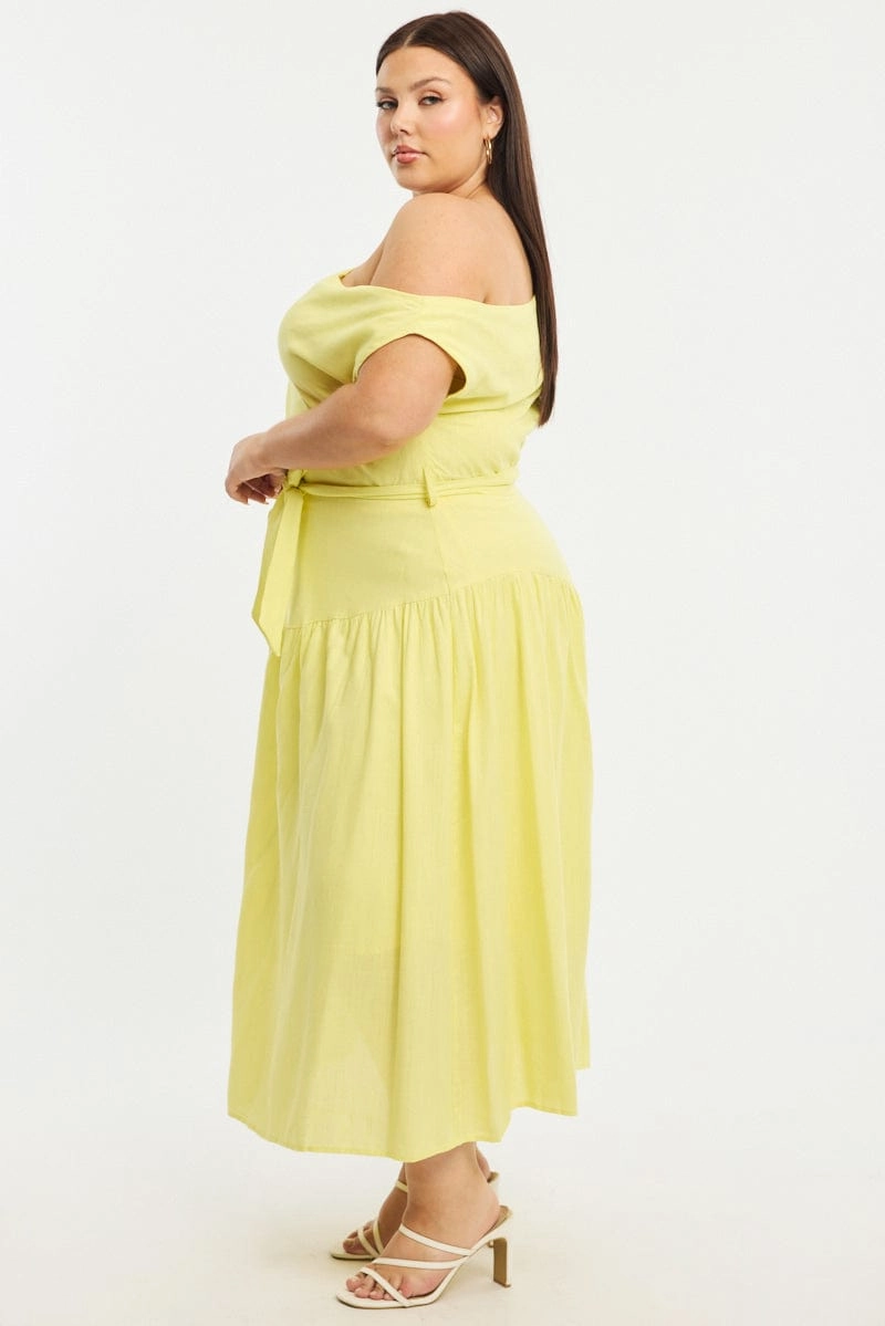 All-day style Vibrant pattern Yellow Maxi Dress Short Sleeve Asymmetrical Shoulder
