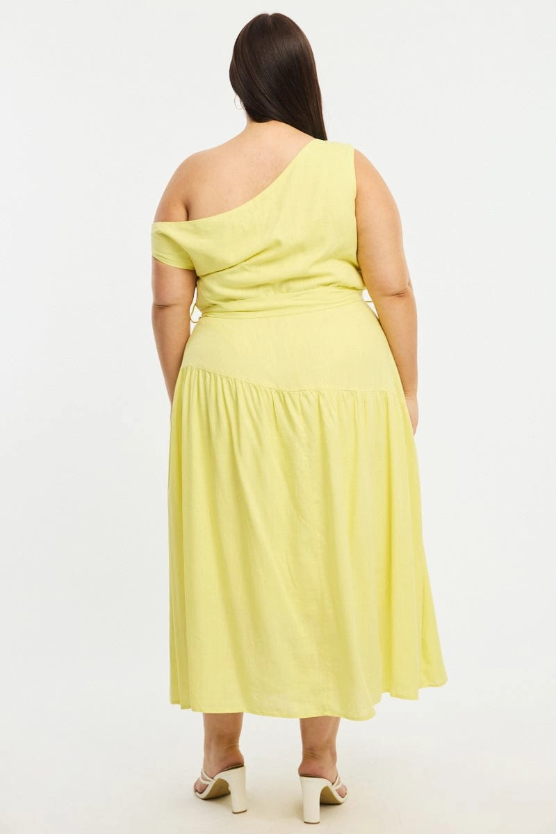 Relaxed Finish Elegant Charm Yellow Maxi Dress Short Sleeve Asymmetrical Shoulder