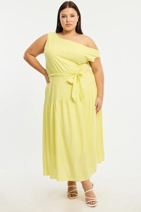 Yellow Maxi Dress Short Sleeve Asymmetrical Shoulder Luxe Appeal Simple formal dress