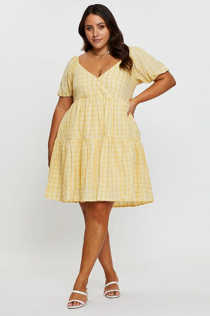 Flawless Waistband Fit Knot-Detail Yellow Smock Dress V-neck Short Sleeve Tie