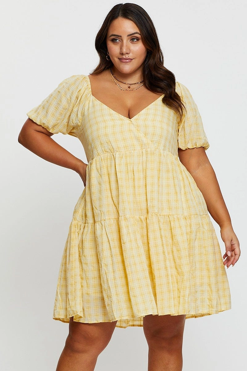 Yellow Smock Dress V-neck Short Sleeve Tie Office Mood Fashion Essential