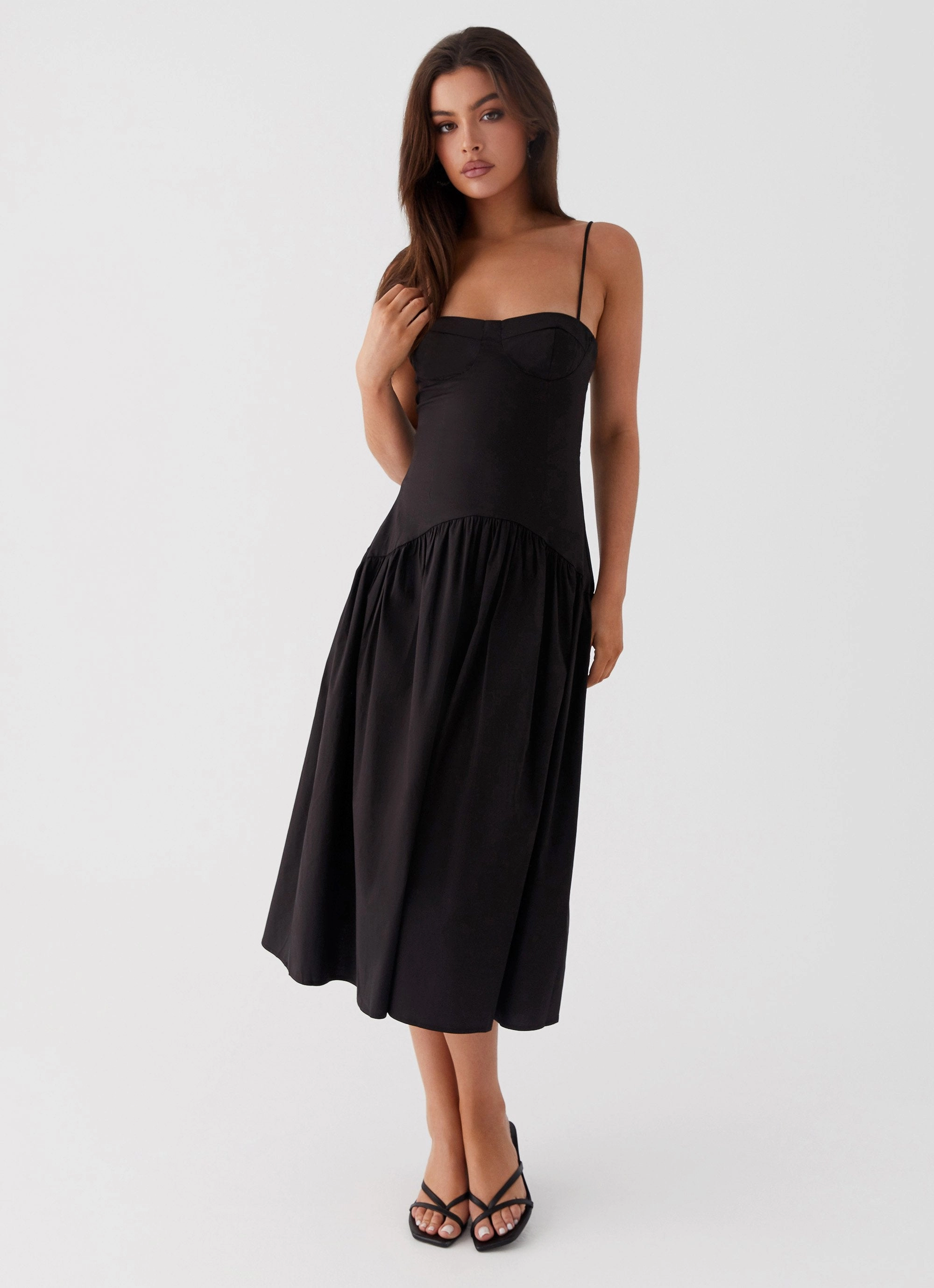 Silky Shine Cozy Style Yvette Corset Midi Dress - Black