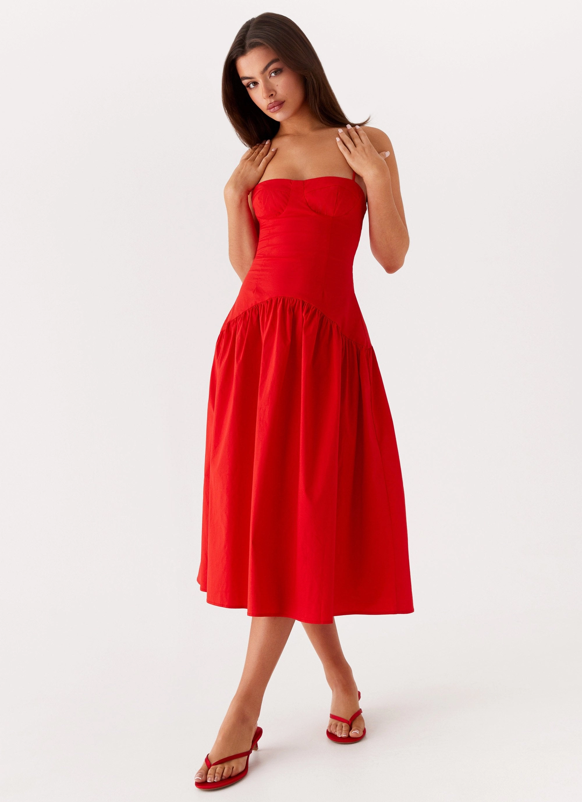 Yvette Corset Midi Dress - Red Minimalist Elegance Relaxed Fit