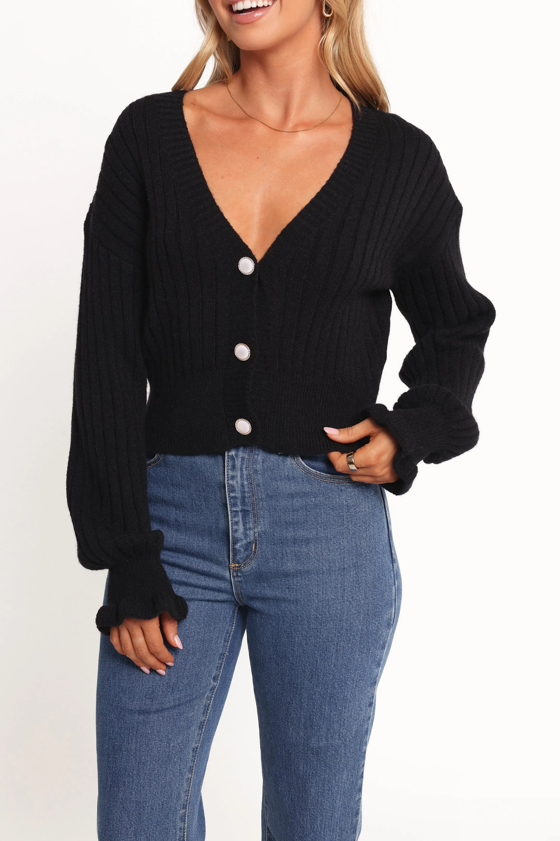 Essential Comfort Zana Ribbed Ruffle Cuff Knit Sweater - Black