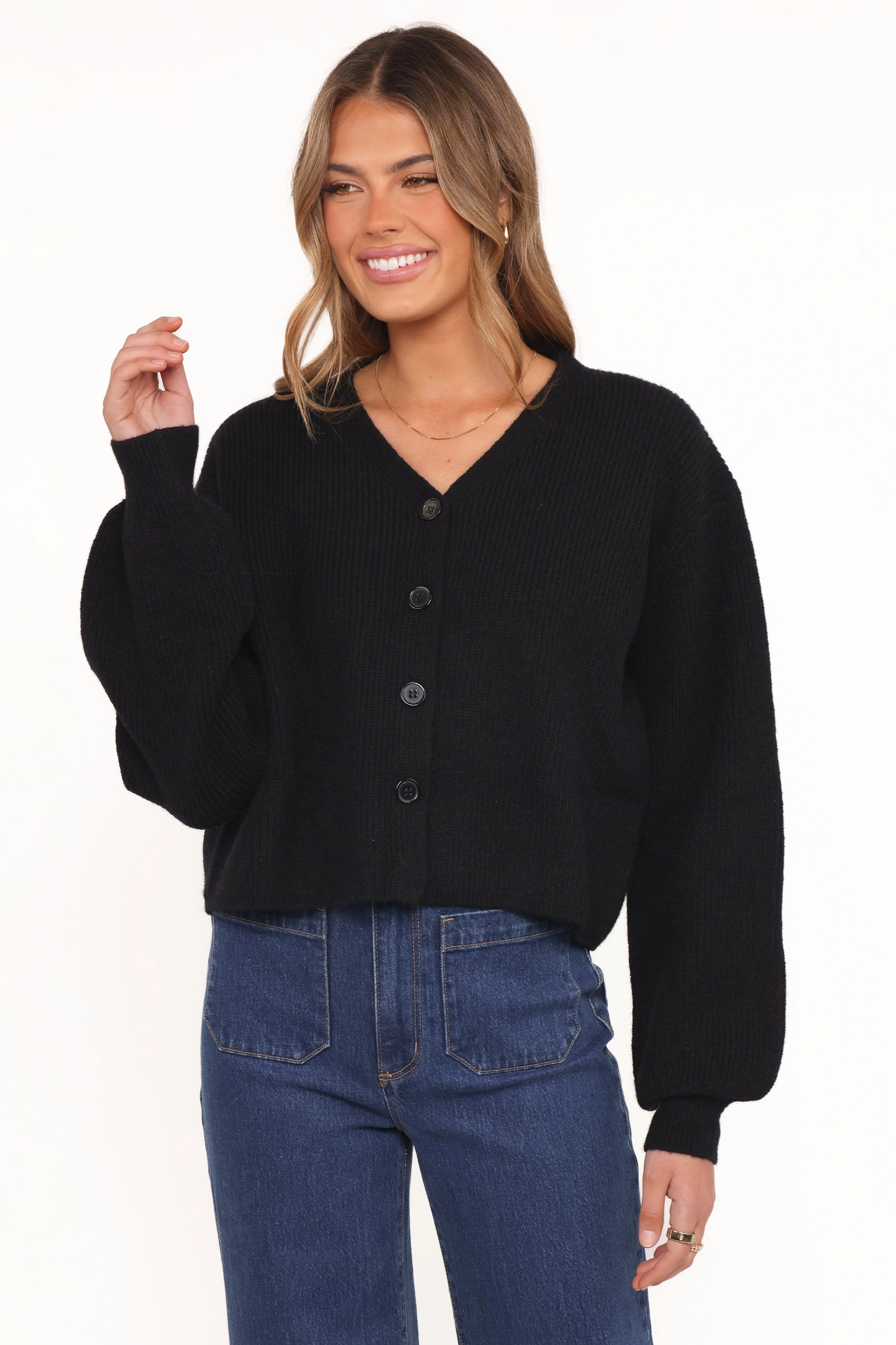 Snug feel Light Reflective Trims Sybil Button Front Cardigan - Black