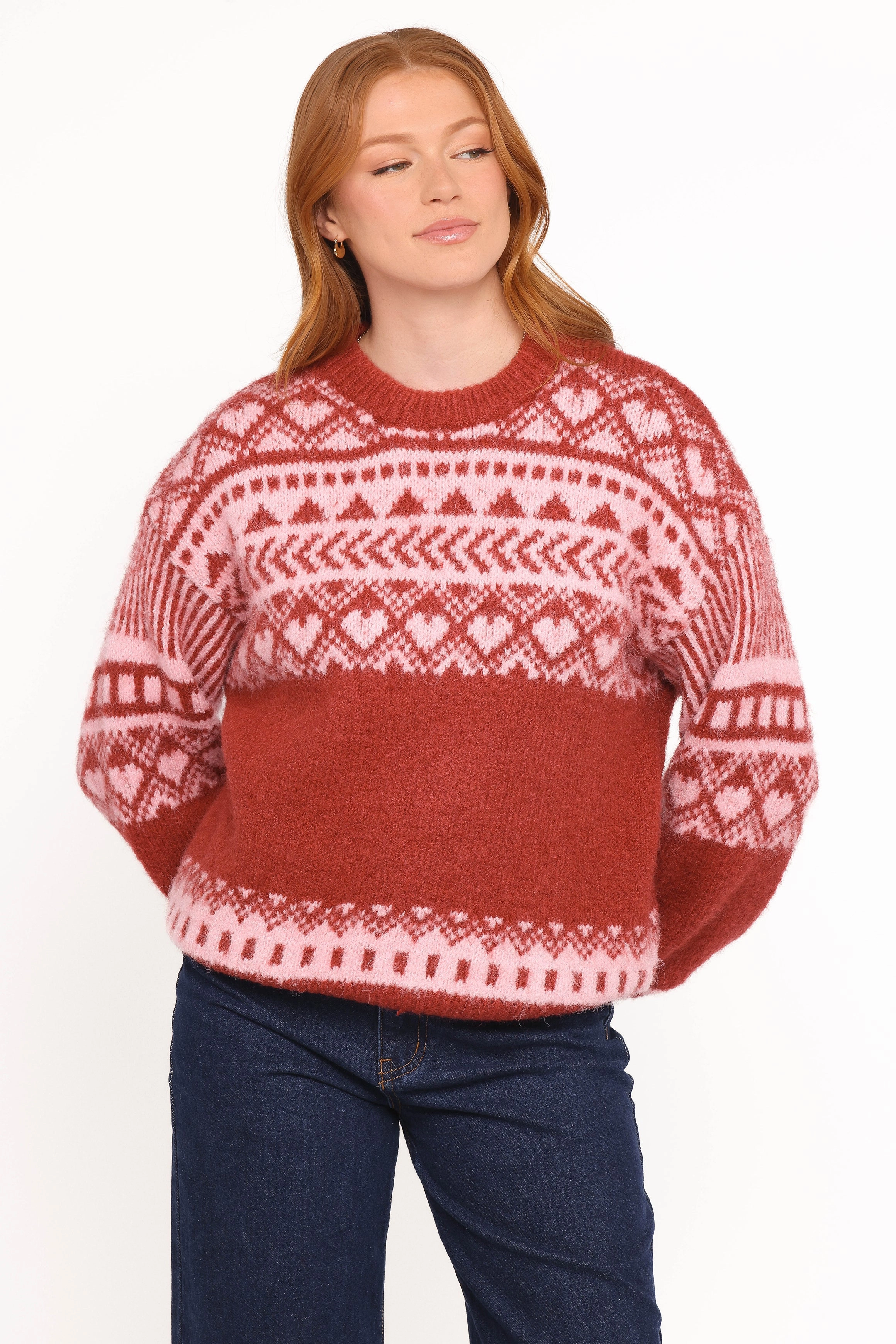 Reinforced Shoulder Seams Zinnia Fairisle Knit Sweater - Red